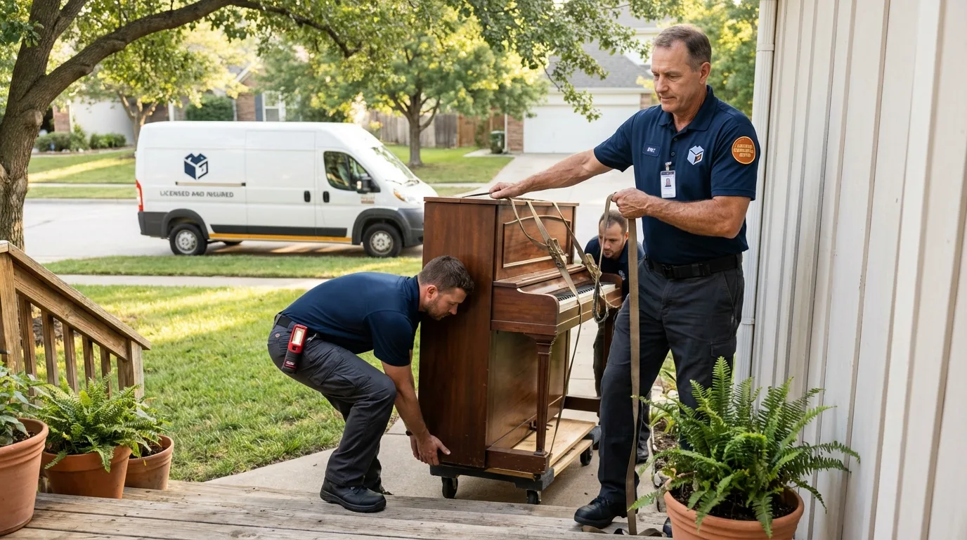 Licensed piano movers securing grand piano in Saint Maries, ID