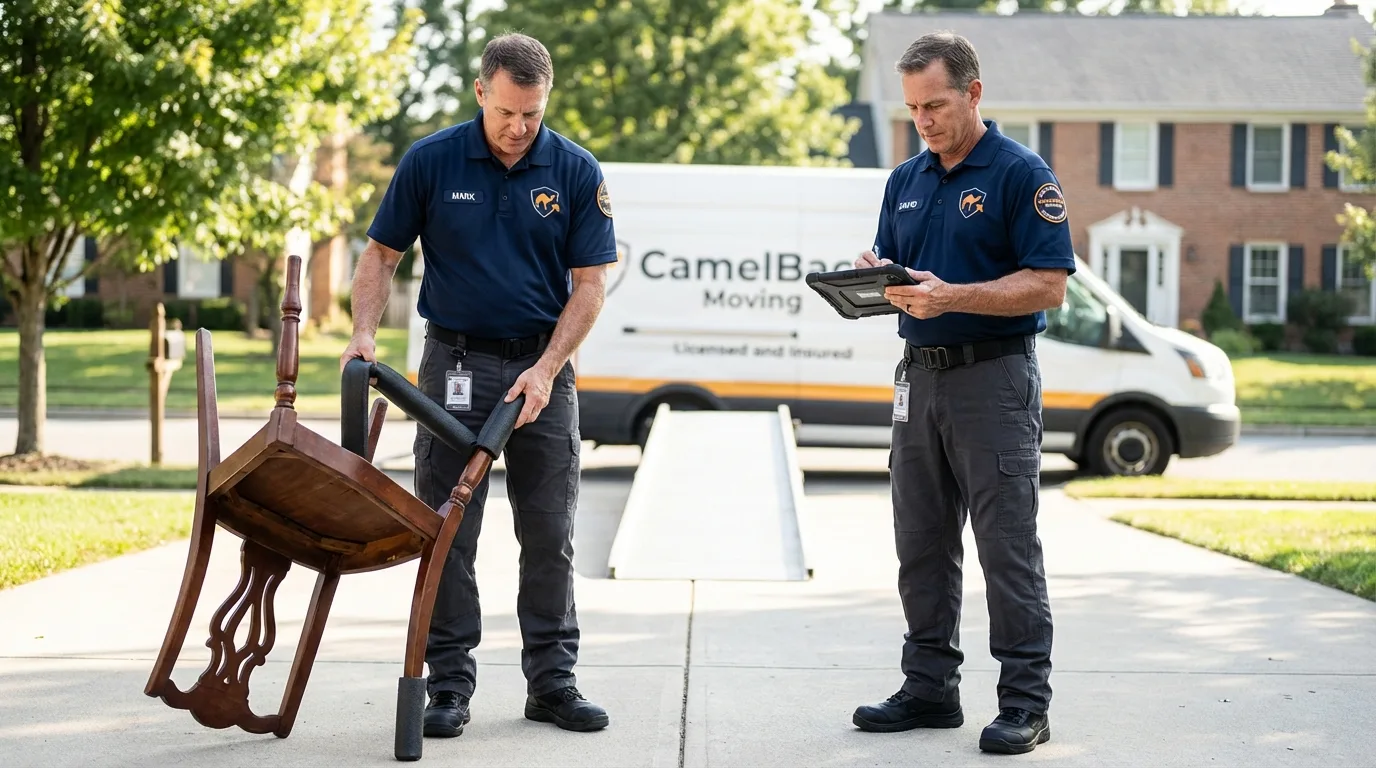 Movers inspecting furniture for damage prevention before loading in Saint Maries, ID