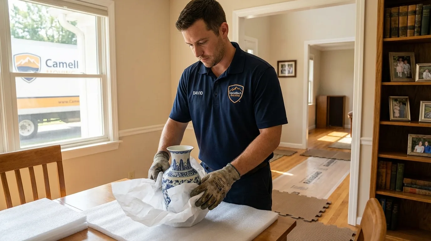 Professional crew carefully wrapping antique vase for senior downsizing move in Saint Maries, ID